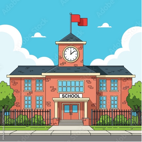 Cartoon school building with a clock tower and a red flag on a sunny day