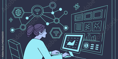 Woman using advanced computer technology in a futuristic digital world of IoT, big data, and internet connectivity  dark view.