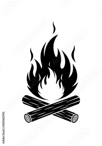 A black and white silhouette icon of a burning campfire with two crossed logs and stylized flames.