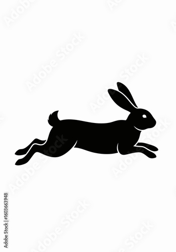 A minimalist black silhouette of a leaping rabbit or hare isolated on a white background.