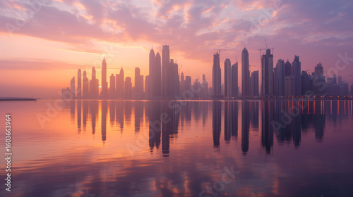 City Skyline Reflection at Sunrise with Vibrant Pink Sky
