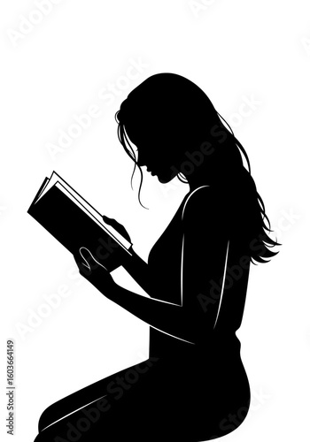 Profile silhouette of a young woman with long wavy hair sitting down and intently reading a book.