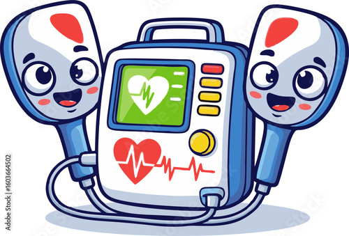 Cheerful Cartoon AED with Smiling Paddle Characters