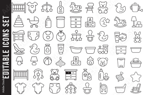 An Editable Set of Black and White Line Art Icons for Baby, Nursery, and Childcare