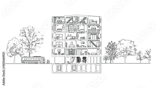 Architectural Cross Section of Modern Apartment Building with Trees and Bus Illustration