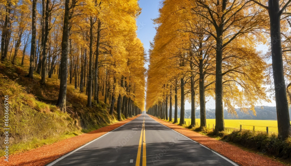 Obraz premium A scenic asphalt road winds through a tunnel of golden autumn trees, bathed in sunlight. The vibrant yellow leaves create a breathtaking contrast against the clear blue sky.
