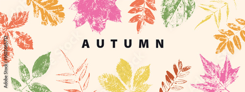 Autumn background, wallpaper, banner, card with tree leaves. Hello Autumn. Fall season design. Stamp texture leaves, geometric shapes.