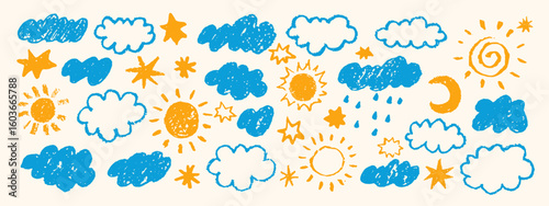 Set of hand drawn clouds, sun, stars, moon. Chalk, charcoal, crayon texture. Kids, childish cute style. Cartoon weather icons, design elements.