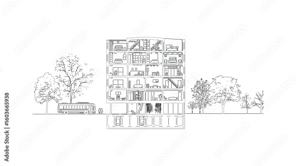 Naklejka premium Architectural Section Drawing of a Multi-Story Building with Underground Parking and Trees
