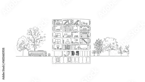 Architectural Section Drawing of a Multi-Story Building with Underground Parking and Trees