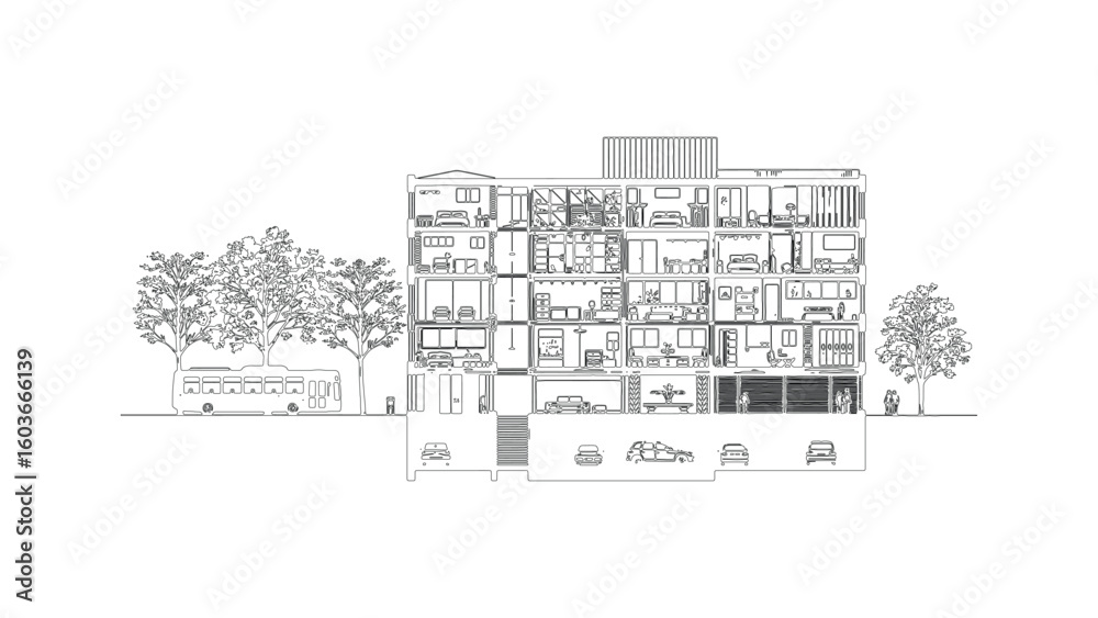 Naklejka premium Detailed Architectural Section of a Multi-Story Building with Underground Parking and Trees