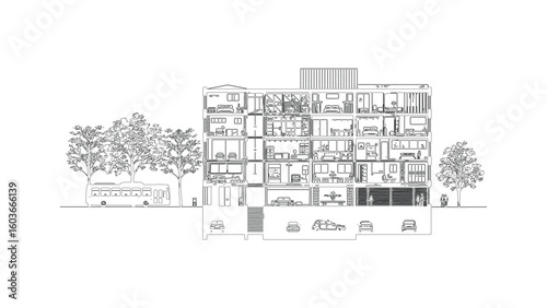 Detailed Architectural Section of a Multi-Story Building with Underground Parking and Trees