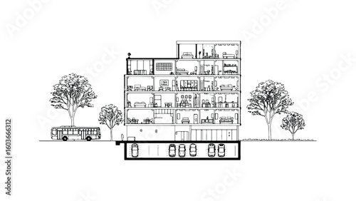 Detailed Architectural Section of a Multi-Level Building with Parking and Street View