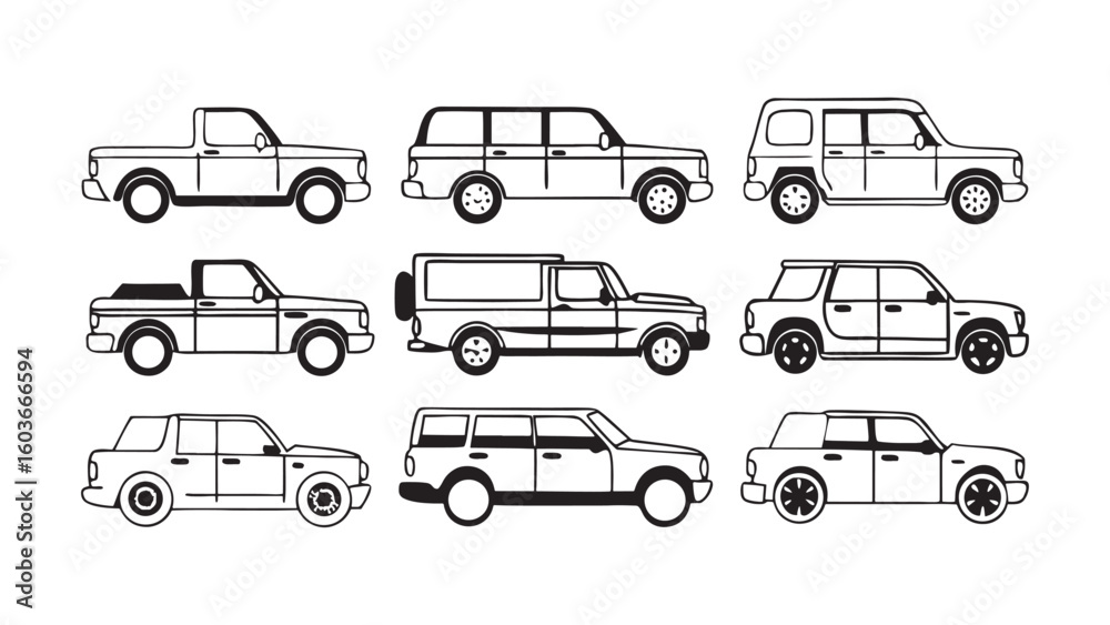 Fototapeta premium Diverse SUV and Truck Outline Vector Set for Automotive and Transport Design Needs