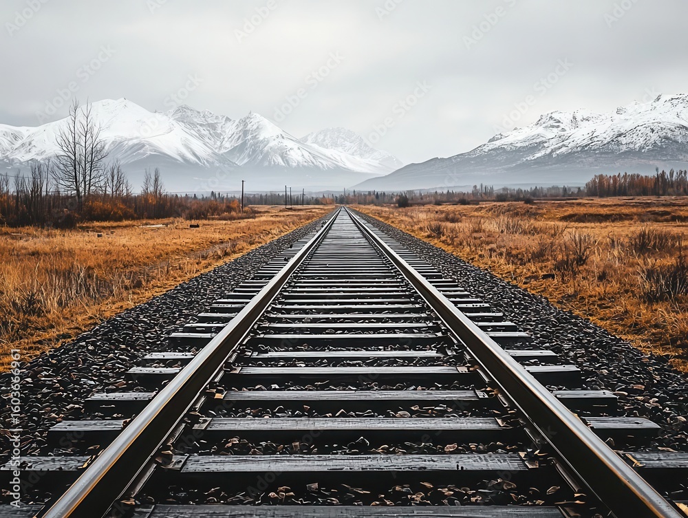 Fototapeta premium Railway tracks stretching endlessly through a remote wilderness, symbolizing adventure and exploration