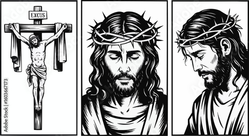 Black and White of Jesus Christ Crucified and Wearing a Crown of Thorns