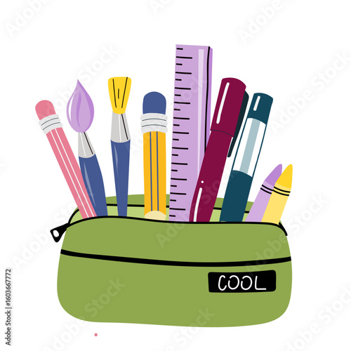 Colorful vector illustration of an open pencil case filled with school supplies: pencils, brushes, ruler, pens, and crayons.  