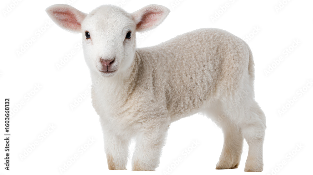 Fototapeta premium Young lamb isolated on transparent background with soft wool and curious expression