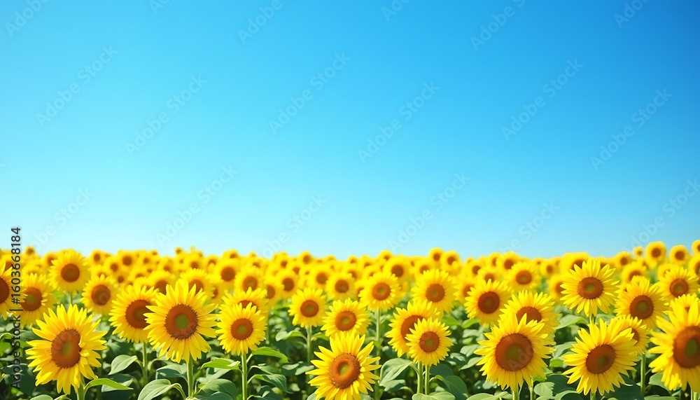 Fototapeta premium Vibrant Yellow Sunflower Field Blooming Under Clear Blue Sky in Sunny Landscape