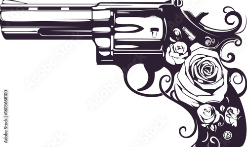 Pistol with bullets black and white weapon illustration