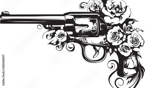 Gun and bullets vector illustration of a classic black revolver weapon isolated on white background