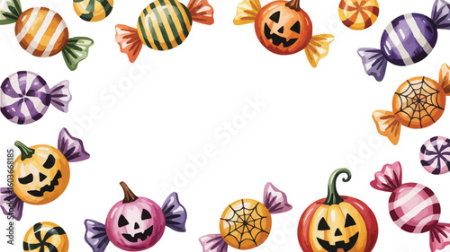 Colorful Halloween Candy Frame Jacko'lanterns and Wrapped Sweets on White Background for Seasonal Designs