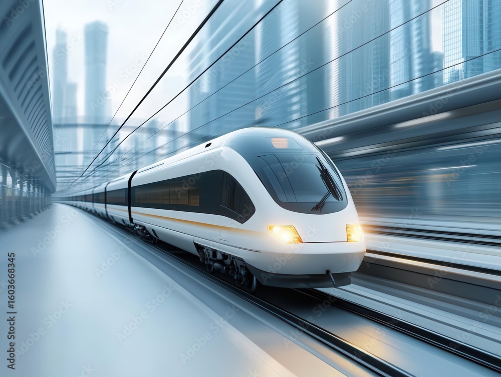 Fototapeta premium A highspeed bullet train gliding through futuristic cityscapes, sleek and modern rail travel experience