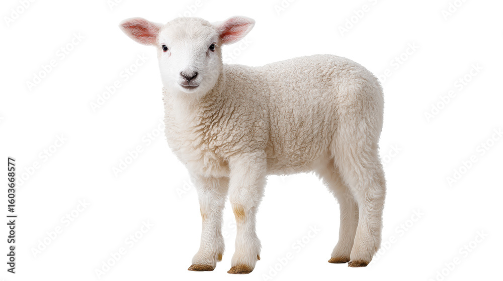 Obraz premium Cute isolated lamb stands on transparent background showing soft wool and innocence