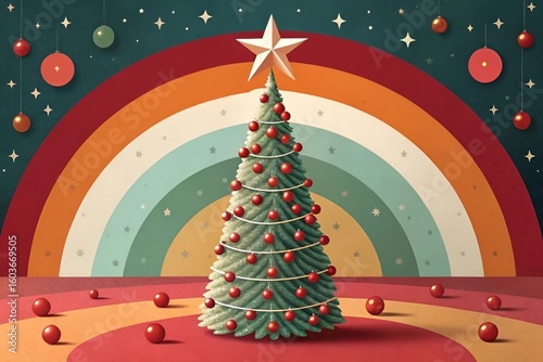 Festive Stylized Christmas Tree Illustration with Star and Colorful Abstract Background