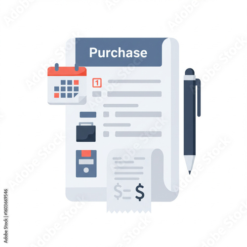 Purchase order form with calendar, receipt, pen, and product icons.