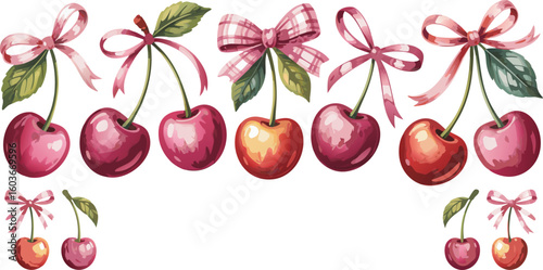 Delightful Watercolor Cherries Adorned with Festive Pink Ribbons and Green Leaves on a White Background
