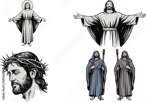 Four Religious Figure Illustrations Mary, Jesus Christ Portraits, and Shepherds with Staffs Pictured