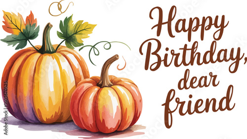 Happy Birthday Dear Friend with Watercolor Pumpkins and Autumn Leaves, Festive Fall Birthday Card