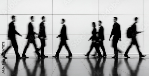 Silhouetted business people walking in a row against a bright white background.