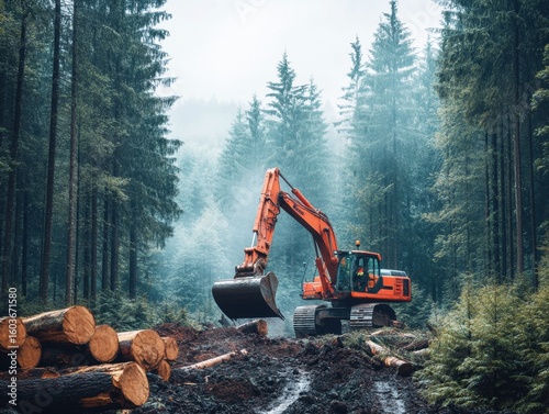 Obraz na płótnie Excavator clearing logs in a misty forest environment during daylight