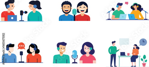 set of  podcast show host and guest vector on a white background