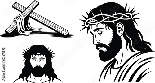 Illustration of Jesus Christ with Crown of Thorns and Wooden Cross with Cloth