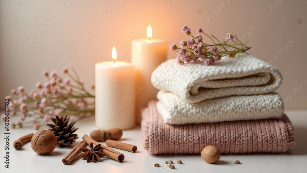 Cozy Home Scene: Stacked Knitted Fabrics, Candles, and Spices for Warm Ambiance Cozy Home Scene: Stacked Knitted Fabrics, Candles, and Spices for Warm Ambiance