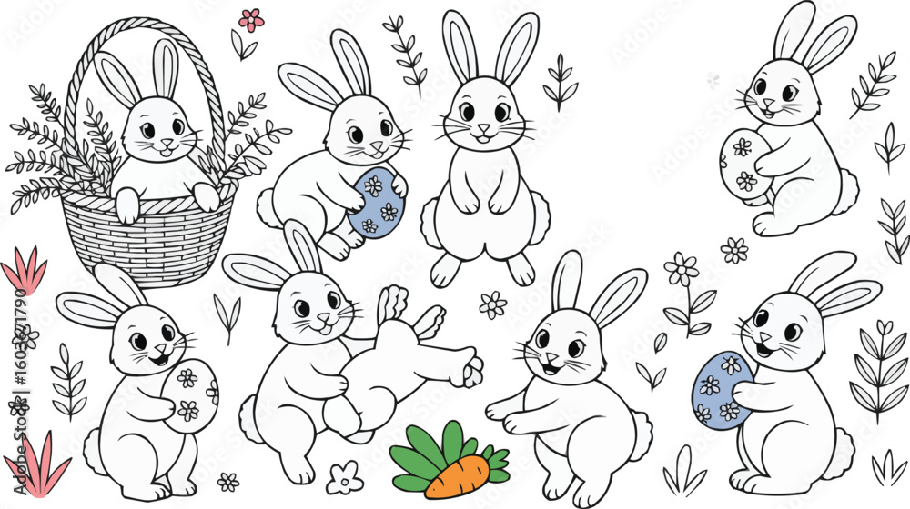 Obraz premium Line Art Easter Bunnies with Basket, Easter Eggs, and Carrot Illustration Design Elements