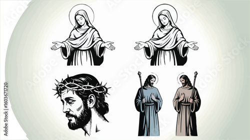 Illustrations of Virgin Mary, Jesus Christ with Crown of Thorns, and Shepherd Figures