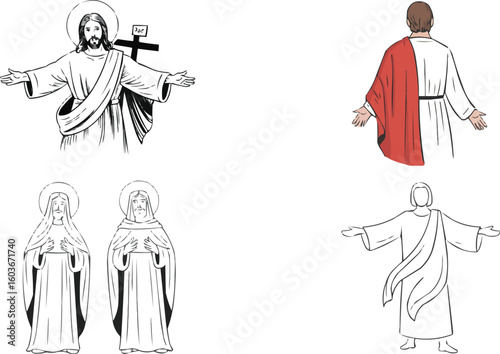Line Art Depicting Christian Figures Jesus Christ with Open Arms and Holy Women Praying