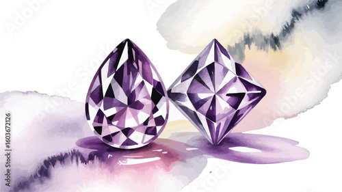 Pear and Square Shaped Amethyst Jewels on Watercolor Background, Illustration Style