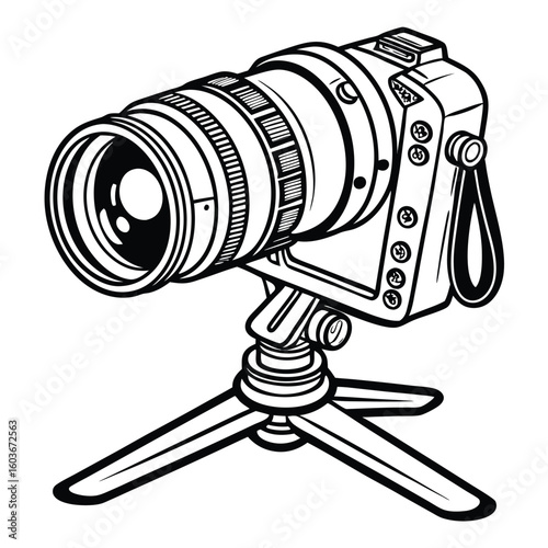 Detailed Line Art Depiction of a Camera on a Tripod Stand with Prominent Lens and Various Camera Features