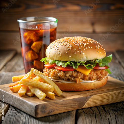 Fast Food Combo, Realistic Food Photography, Assorted Fast Food Meal, Classic Fast Food Combo - Cheeseburger, Fries, Fried Chicken & Cola