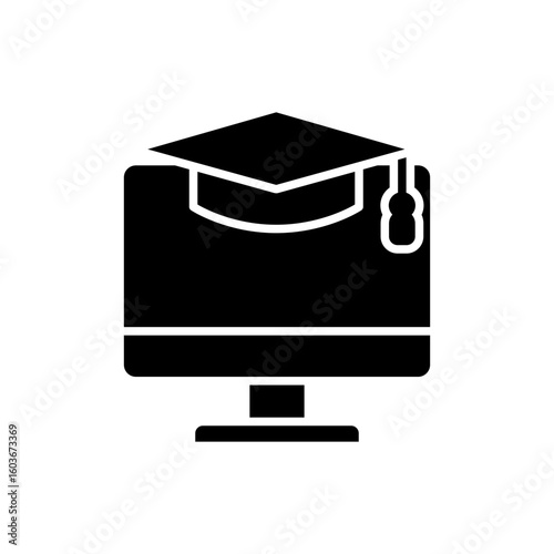 Computer Education Elearning Student Hat Glyph Style Icon Solid Black Silhouette Online Education