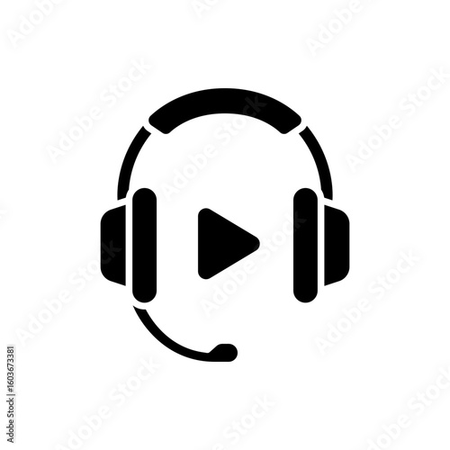 Headphones Listen Video Glyph Style Icon Solid Black Silhouette Online Education