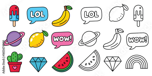 Variety of Colorful and Black and White Vector Stickers Featuring Fruits Desserts and Fun Word Bubbles for Graphic Design