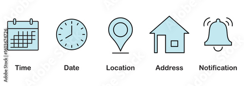 Date, time, location address, notification icon. Address location icon. Notification bell icon. Stopwatch timer icon. Date Calendar icon - Web icons set.