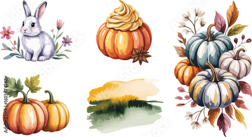 Watercolor Autumn Harvest Pumpkins, Cream Topping, Rabbit, Flowers, Leaves, and Painted Background Elements Illustration
