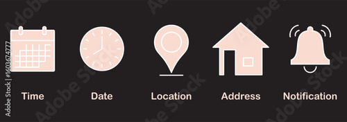 Address time date icons set. Phone and notification bell icons. Location and contact icons. Stopwatch timer icon. Date Calendar icon. Simple flat vector illustrations collection for web